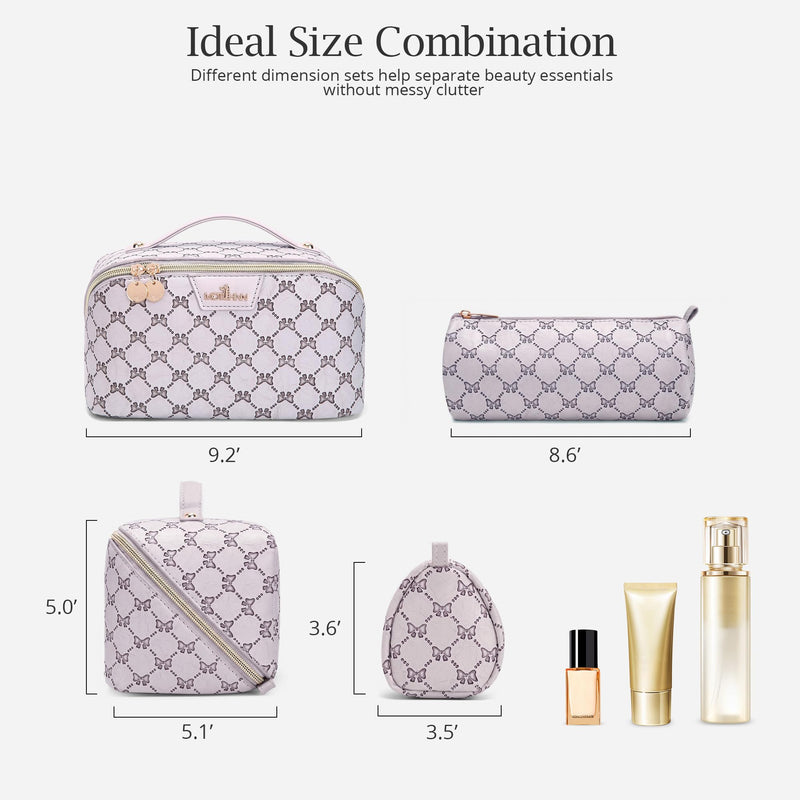 Travel Makeup Bags for Women: 3 Pcs Set Luxury Bow Print Make up Bag - Large Capacity Cute Cosmetic Case - 3–15 Day Travel Toiletry Organizer Bag, Comes with An Gift Box(Moon mist gray) 07 Moon mist gray