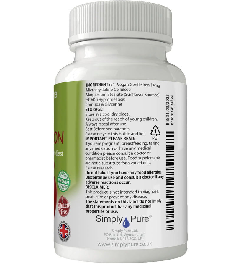 Gentle Iron | Ferrous Bisglycinate 14mg Tablets x 90 | Easily Absorbed & Gentle on the Stomach | Gluten Free | GM Free | Vegan