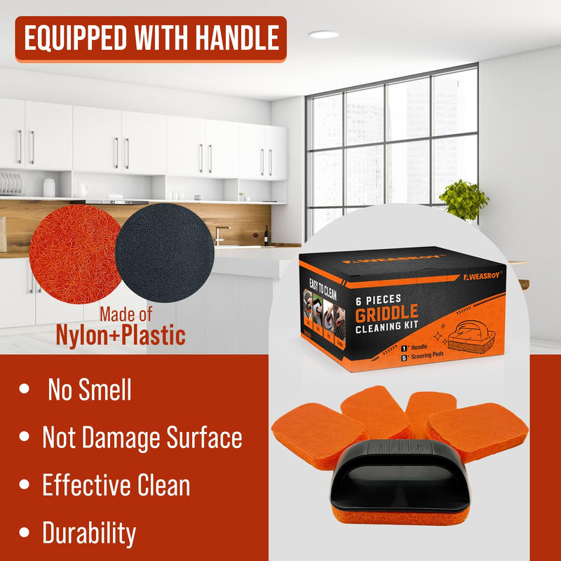 [Australia] - 6-Piece Griddle Cleaning Kit for Blackstone, Flat Top Grill Cleaning Kit Non-Scratch Scouring Pads for Kitchen - 5 Scrubber Pads and 1 Handle Orange Orange-6pcs 