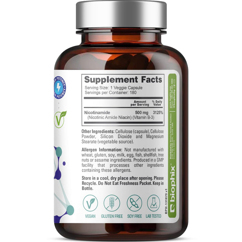 biophix B-3 Nicotinamide 500 mg 180 Vcaps - Nicotinic Amide Niacin Natural Flush-Free Vitamin Formula - Supports Skin Cell Health