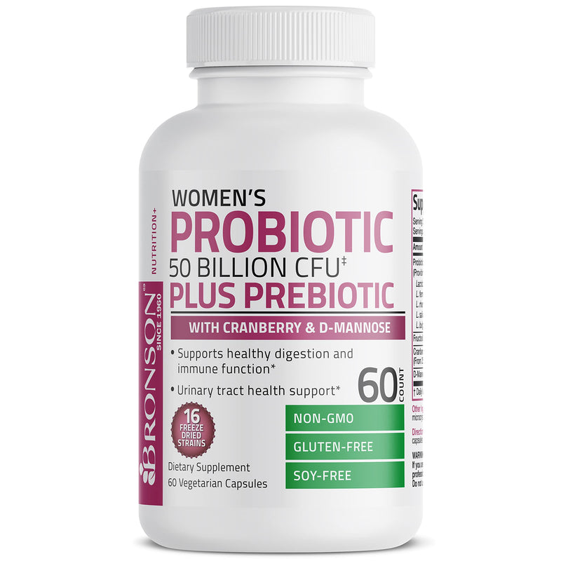[Australia] - Bronson Women's Probiotic 50 Billion CFU + Prebiotic with Cranberry & D-Mannose – Vaginal Health, Healthy Digestion, Immune Function and Urinary Tract Support, NON-GMO, 60 Vegetarian Capsules 60 Count (Pack of 1) 