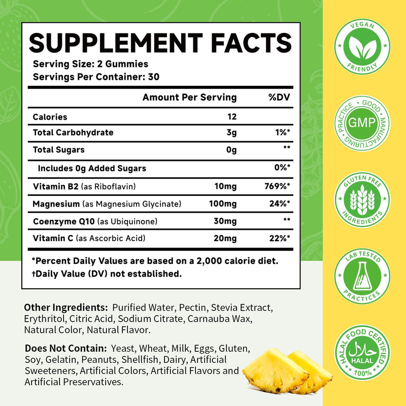 Vitamin B2 Gummies, 10mg Riboflavin Supplement for Kids & Adults, with Magnesium Glycinate, CoQ10 and Vitamina C, for Women and Men, Energy, Immune Wellness & Cellular Health Support, 120 Count 30 Count (Pack of 2)