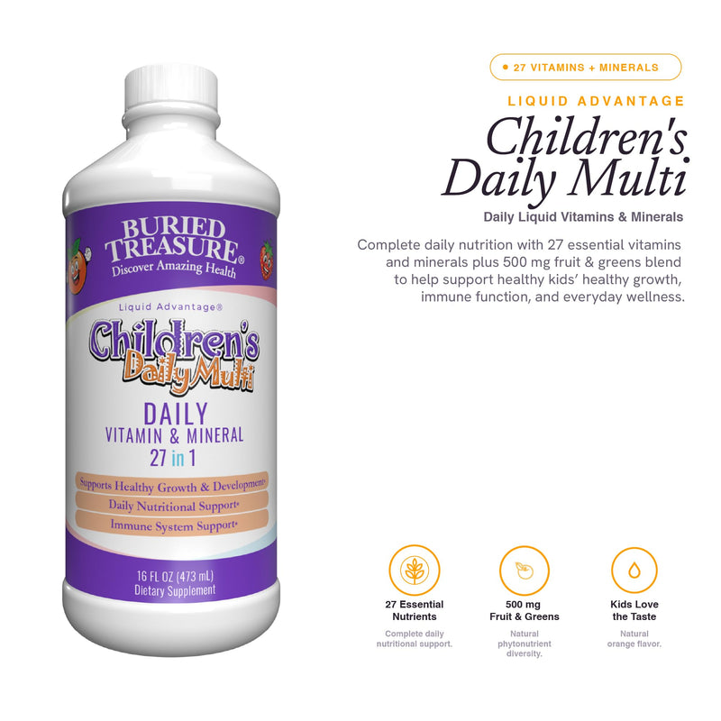 Buried Treasure Children’s Daily Liquid Multivitamin – 27 Vitamins & Minerals with SuperFood Blend – Sugar Free, Vegan, Orange Mango Flavor, 16 fl oz