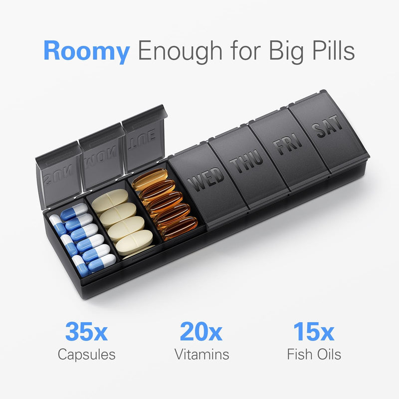 Barhon Pill Organizer Large, Weekly Medicine Pill Organizers, 7 Day Pills Box Case Travel for Big Vitamin Supplements Fish Oil, Gray Grey