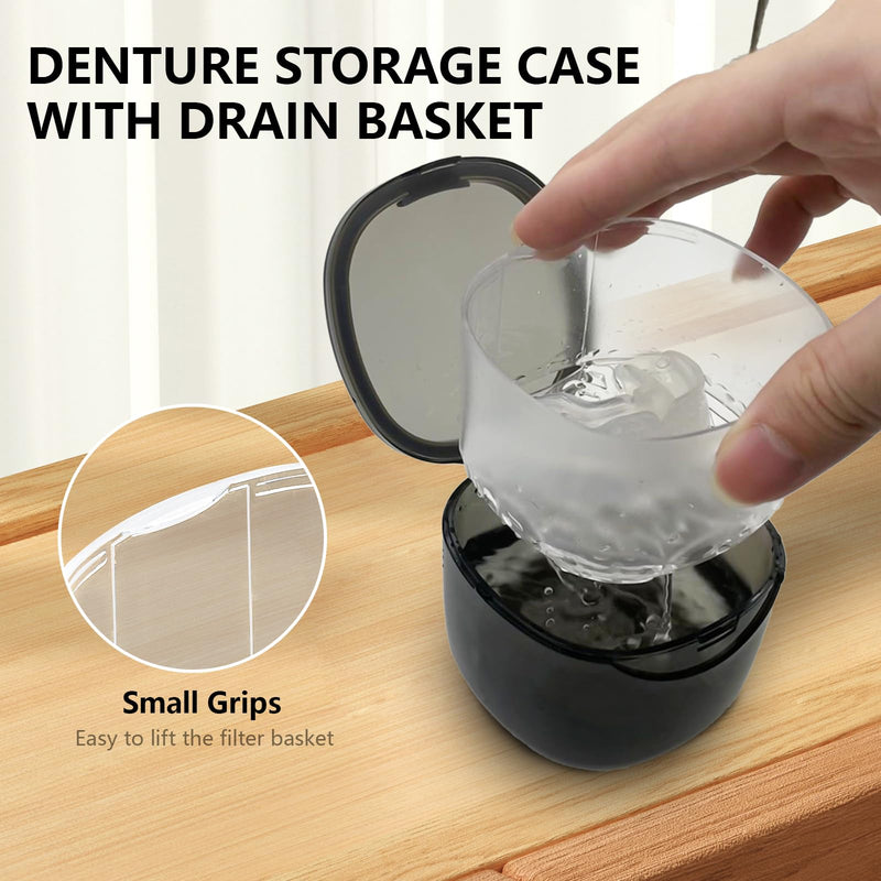 [Australia] - Denture Case Partial Denture Cups for Soaking Dentures, No-Leak Denture Soaking Container Retainer Cleaning Case with Brush for Household|Travel|Office - Transparent Black 