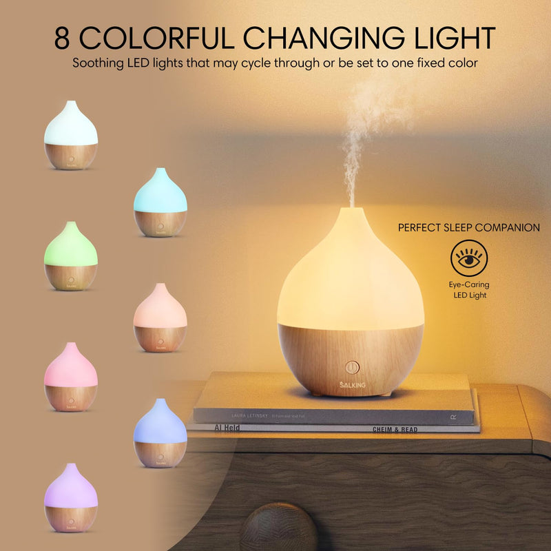 [Australia] - SALKING Essential Oil Diffuser, 100ml Small Aromatherapy Diffuser with Auto Shut-Off Function, Ultrasonic Diffusers for Essential Oils, Cool Mist Humidifier with Warm White Lights, for Office Home White + Wooden Grain 