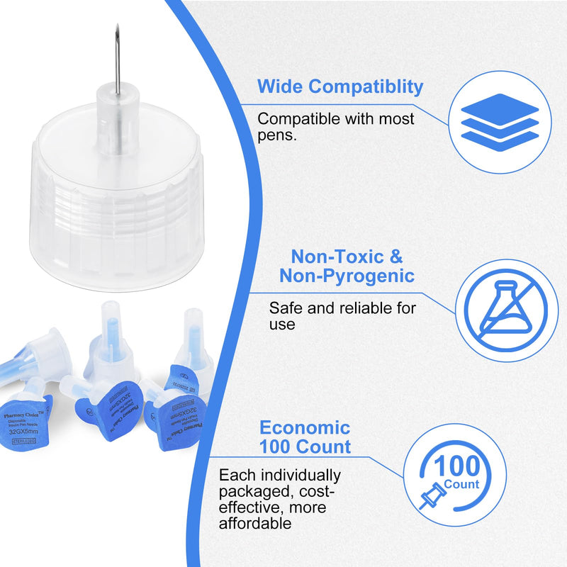 [Australia] - 32G 5MM (3/16‚Äô‚Äô) Insulin Pen Needles, Diabetic Needles for Insulin Injections, 100 Count, Universal Fit, Compatible with Most Pen Injector Device, Super Thin for Diabetes Comfortable Injection 