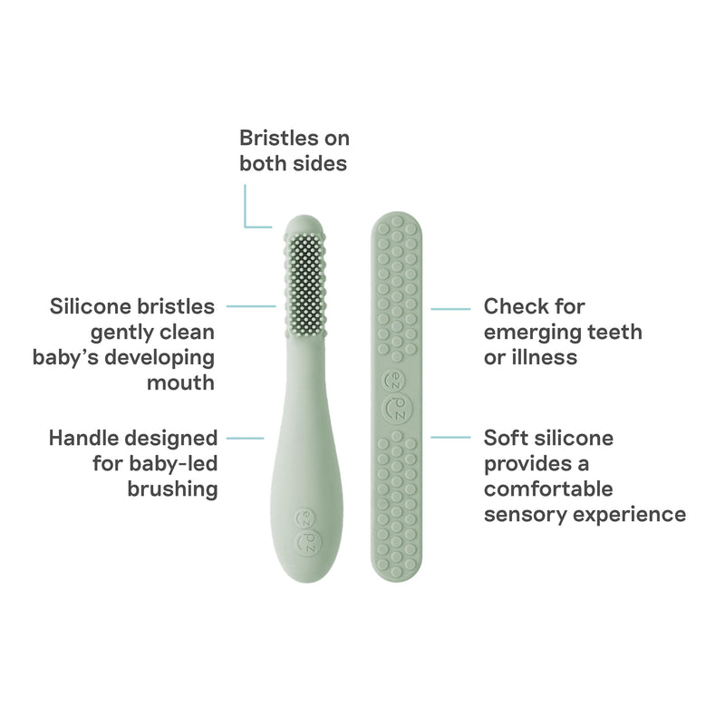 ezpz Baby-Led Toothbrush + Tongue Depressor Dual Pack (Sage) - 100% Silicone Toothbrush + Silicone/Stainless Steel Tongue Depressor - Helps Set-up Infants for a Healthy Oral Care Routine Sage