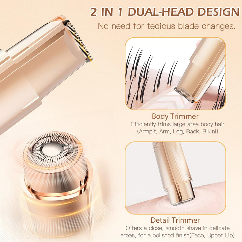 Bikini Trimmer for Women, 2 in 1 Dual-Head Electric Razors for Women Pubic Hair, Wet/Dry Use Body Hair Trimmer and Face Shaver with Display, Rechargeable Hair Removal for Bikini Legs Face Underarm Arm Gold