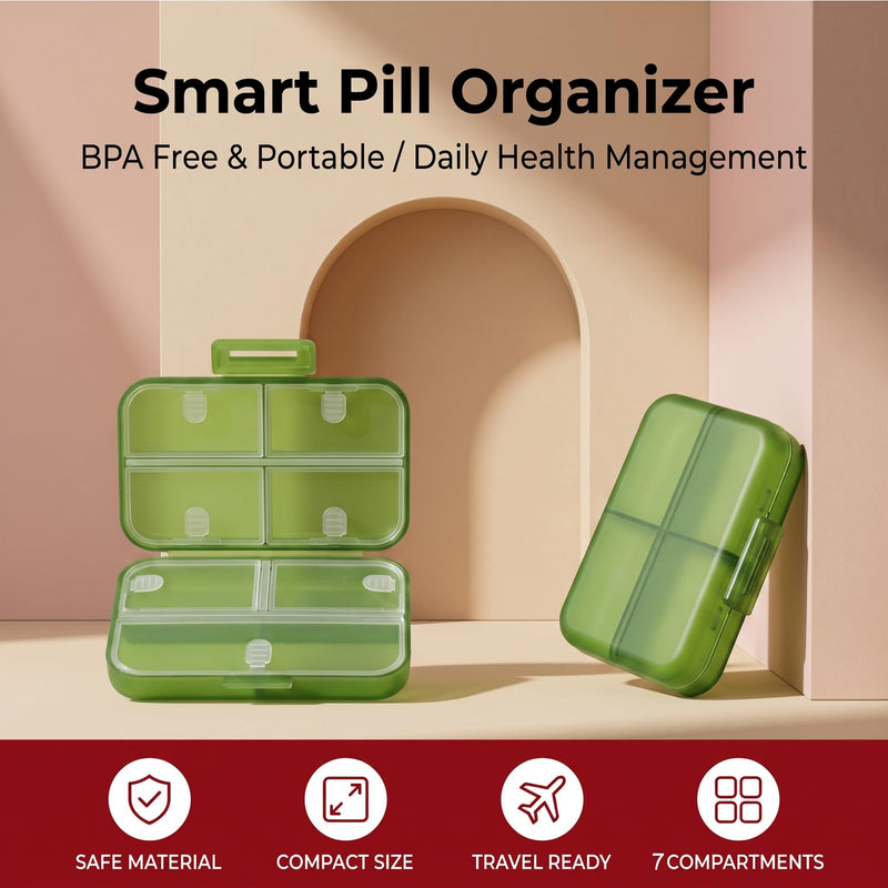 Travel Pill Organizer, Weekly Portable Medicine Case (Green) | with 7-day Stickers, Compact Size Fits Purse Pocket, for Vitamins and Medication Daily Green