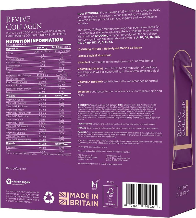 Revive Collagen Menopause Max — Hydrolyzed Marine Collagen Drink for Women, 10,000MG, Lutein, Reishi Mushroom, Vitamin B6, C & D, for Skin & Eye Wellness, Pineapple & Coconut Flavour — 14 Packets 14 days