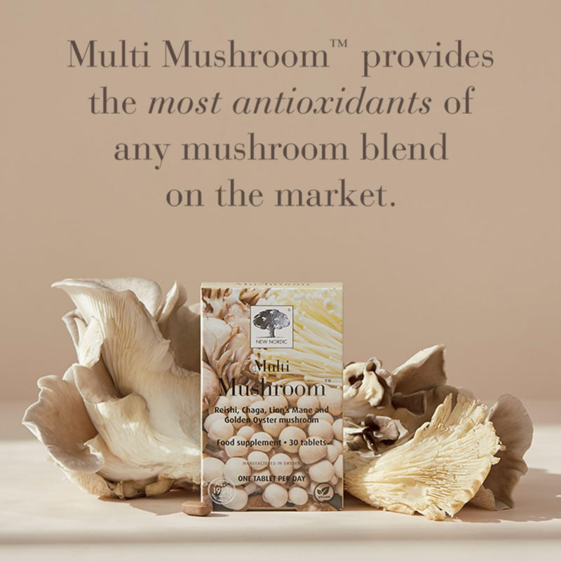 New Nordic Multi Mushroom 600mg, 30 Vegan Tablets, Golden Oyster, Reishi, and Chaga, High Antioxidant Blend, Ergothioneine Source