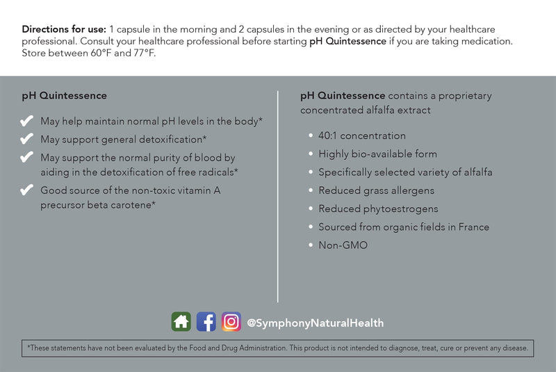 [Australia] - Symphony Natural Health pH Quintessence - 40:1 Alfalfa Concentrate - 90 Vegan Capsules (30 Day Supply) – Alkaline The Body, Balance pH and Support Detox 1 