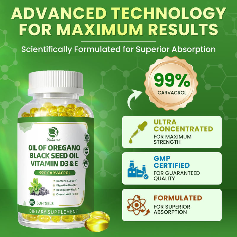 [Australia] - Oregano Oil Capsules Organic, 5-IN-1 with Black Seed Oil, Vitamins D3 & E, Black Pepper for Enhanced Absorption, 99% Carvacrol ‚Äì Immune, Respiratory & Digestive*‚Äì180 Caps, 3 Months Supply, Non-GMO 180 Count (Pack of 1) 