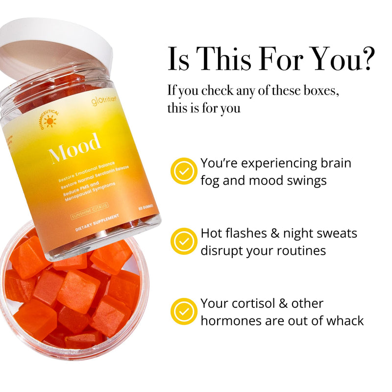 Glotrition Mood Gummy | Improves Mood and Reduces Feelings of Stress | Alleviates PMS Symptoms and Hot Flashes for Menopausal Women | Decreases Fatigue and Irritability | 60 Gummies