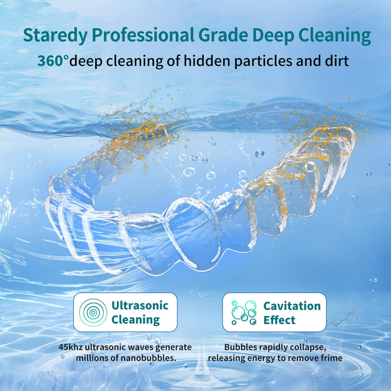 [Australia] - Staredy Ultrasonic Retainer Cleaner for Dentures,Oral Dental, 6 UV Lights-4 Mode-200ML Denture Cleaner Machine for Aligner,Braces, Jewelry with Mouth Guard Cleaner-Touchscreen (white) white 