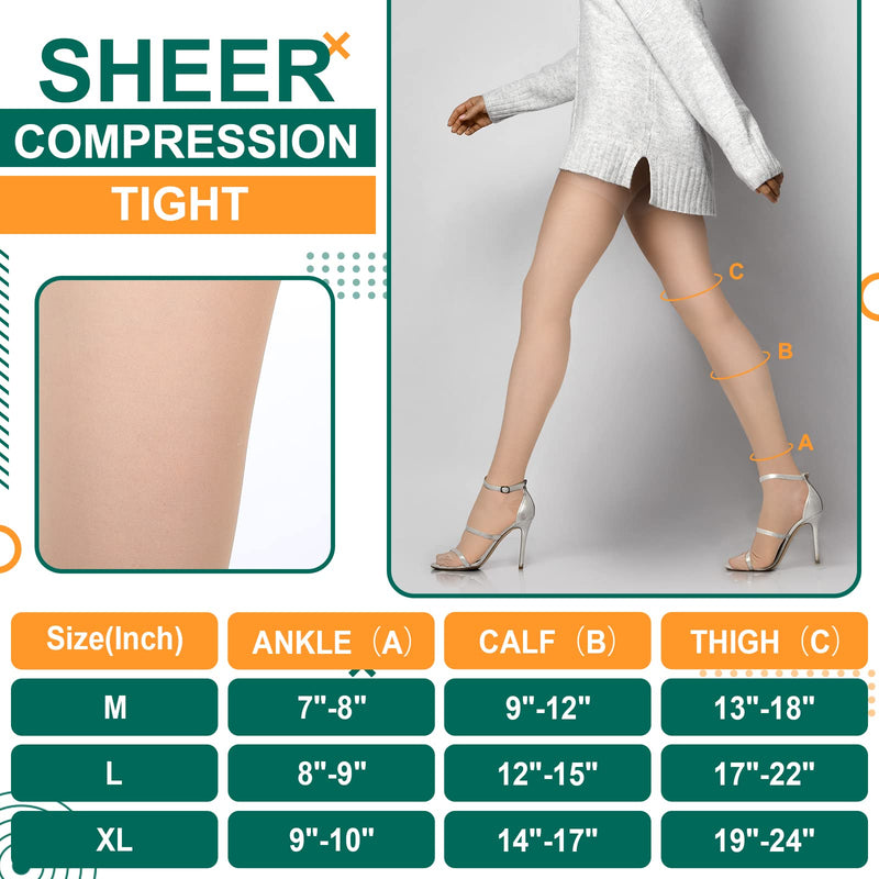 [Australia] - 3 Pairs Sheer Compression Pantyhose 20-30 mmHg Sheer Compression Stockings Graduated Sheer Compression Tight for Women Nude L Size 