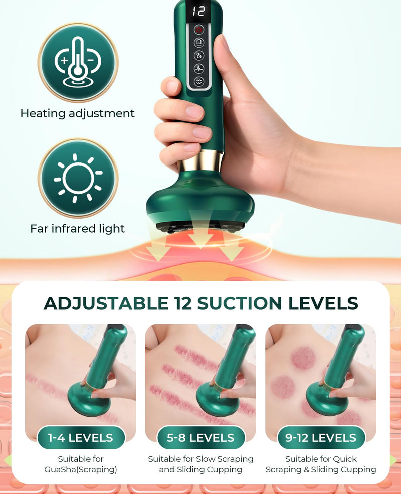 Lymphatic Drainage Massager Electric Cupping Massager with Heat Vibration and Red Light, 12 Level Suction Body Massager for Legs Arms Waist Abdomen, Rechargeable Cellulite Massage Tool for Home Use