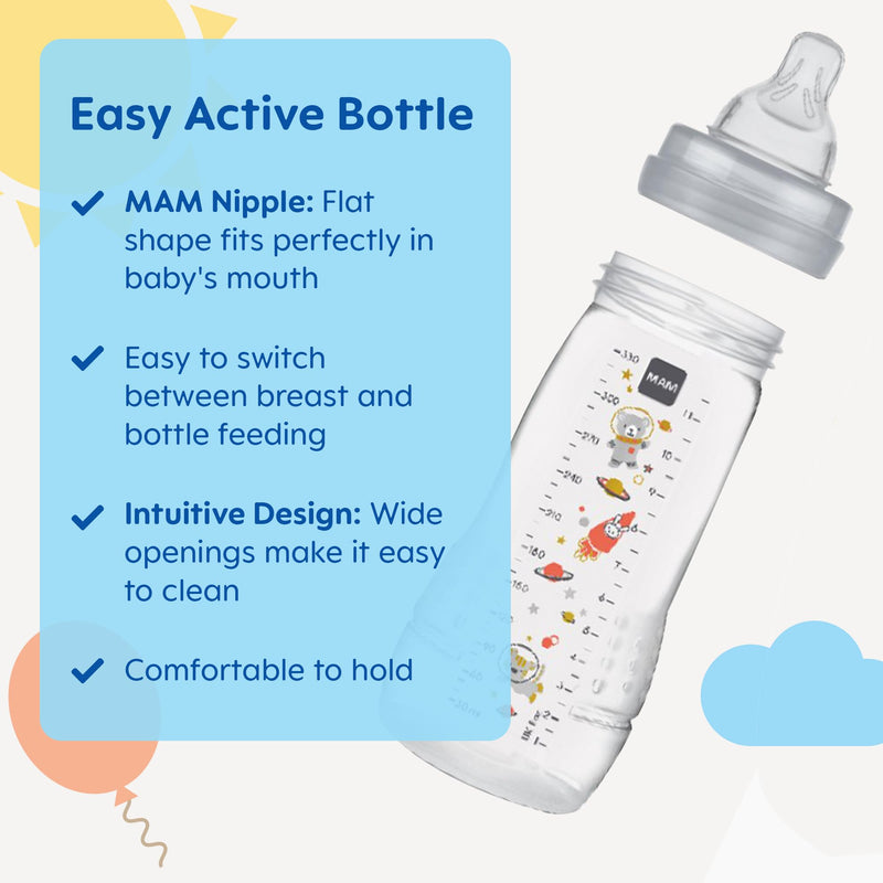 [Australia] - MAM Easy Active Baby Bottles 11oz, Fast Flow Skinsoft Silicone Nipple with Wide Neck Ergonomic Design, Easy to Hold, BPA-Free, Bottles with Leak-Proof Caps for 4+ Months Baby Cotton 2 Count (Pack of 1) 