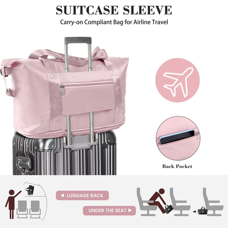 Travel Duffel Bag with Wet Pocket & Trolley Sleeve, Waterproof Expandable | Waterproof Nylon Fabric, Expandable Capacity for Extra Gear, Wet/Dry Separation Pocket, Trolley Sleeve for Easy Travel Pink