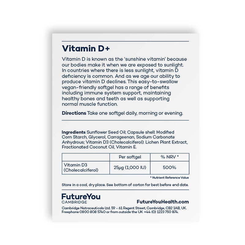 Vitamin D+ Softgel Capsules - Vegan Highly Bioavailable Sunflower Formulation - 28 Day Supply