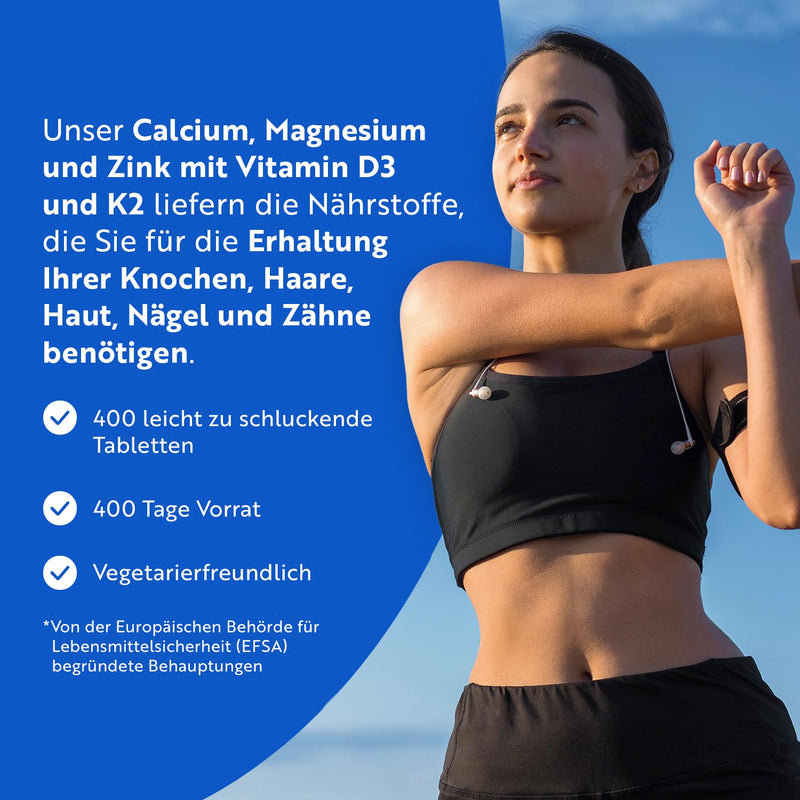 [Australia] - Calcium Magnesium Zinc - 400 high-dose vegetarian tablets (6 months) - Magnesium oxide with vitamin D3, K2, selenium, manganese - Complex with 600 mg calcium per daily dose - Bones + Muscles - Nutravita 