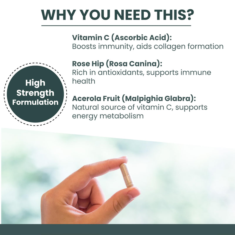 Vitamin C 1000mg Capsules, High Strength Supplement, Immune Support Vitamins, High Dose, Alternative to VIT C Powder/Tablets, Immunity Supplements, Rose Hip, Acerola Fruit, Complex, Made in The UK Vitamin C 120 Count