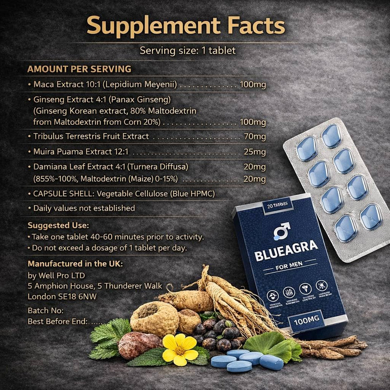 Maca & Ginseng Tablets for Men |20 Count | Daily Vitality & Energy Support | Herbal Food Supplement | UK Made 20 Count