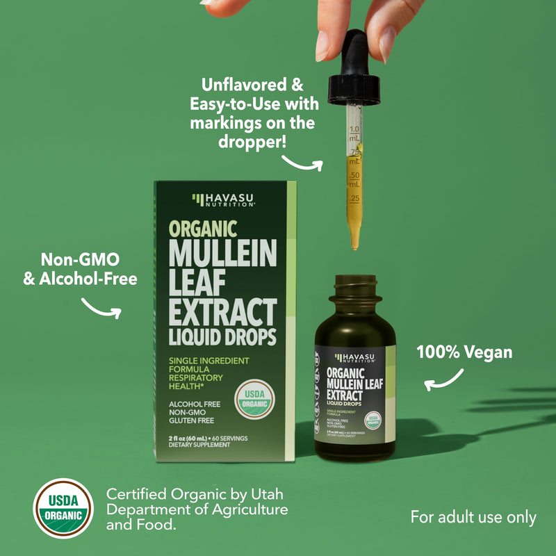 [Australia] - Mullein Drops for Lungs - USDA Organic Mullein Leaf Extract - Respiratory Health and Lung Support Supplement - 2 Fl Oz - Vegan, Non-GMO, and Alcohol Free Formula - Herbal Tincture - 2 Month Supply 