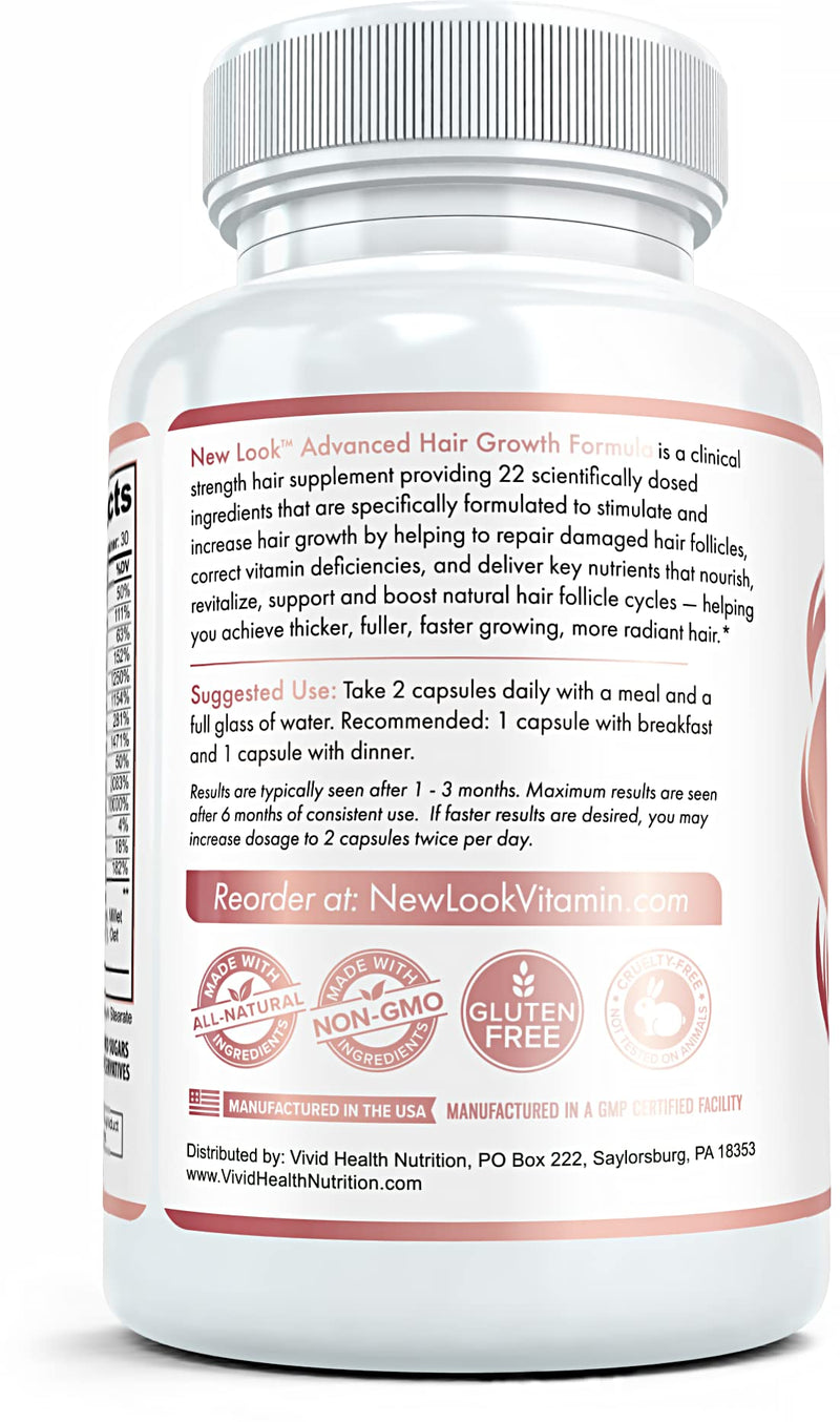 New Look Hair Growth Support Vitamins for Women and Men | Clinical Strength Supplement for Hair Loss | Supports Thicker, Fuller Hair with Biotin - 60 Capsules