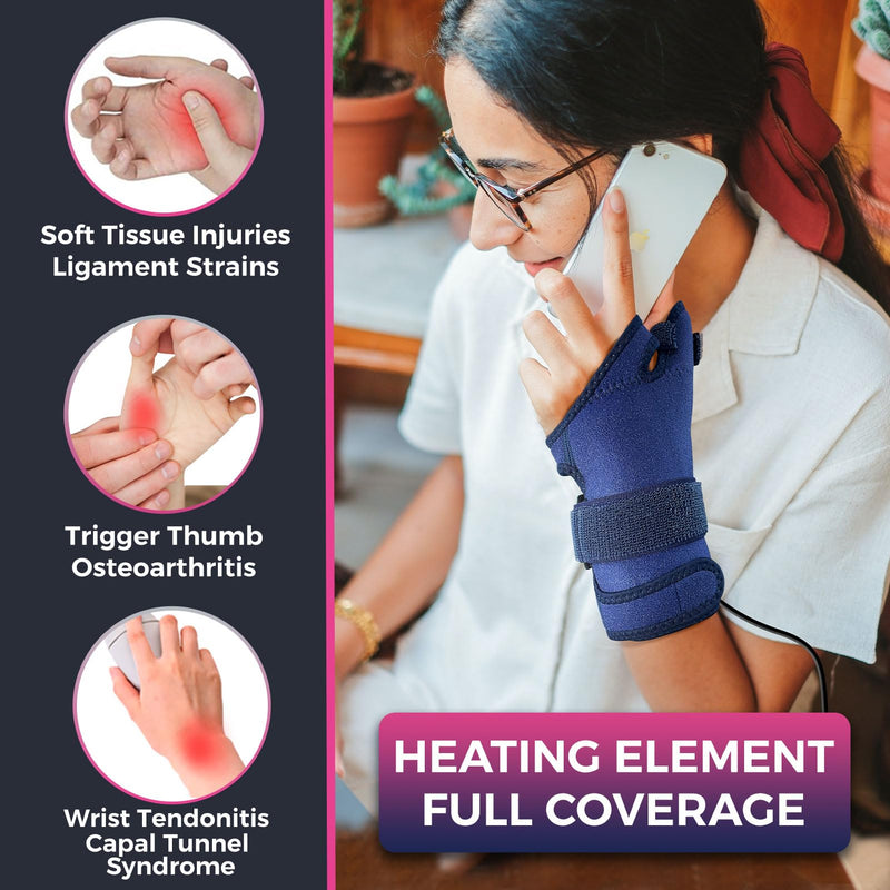 CREATRILL Thumb & Wrist Brace for Carpal Tunnel Relief, Electric Hand Heating Pad for CMC Joint Thumb Arthritis, Tendonitis, Wrist Support L/XL Blue