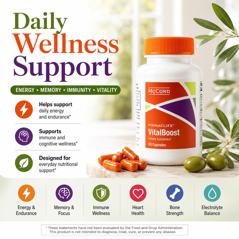 McCord VitalBoost Energy, Memory & Immunity Supplement with Vitamin D3, Magnesium, Zinc, Potassium & Olivamine, Supports Heart, Bone, Cognitive & Immune Health, Gluten-Free, 60 Capsules