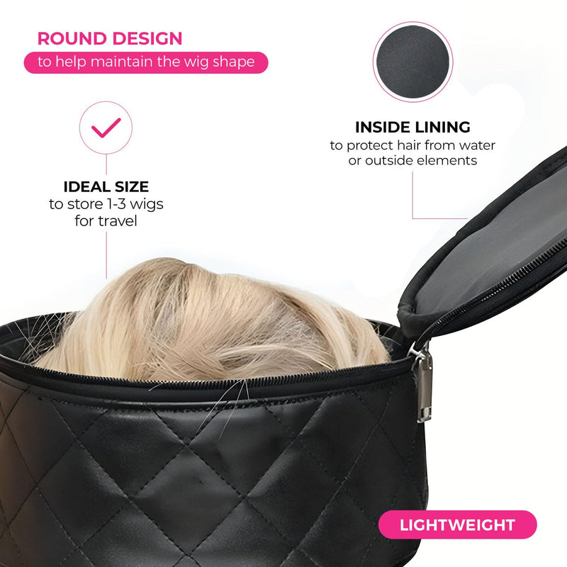 Milano Collection Premium Wig Travel Box or Makeup Case Compact & Durable in Black Round