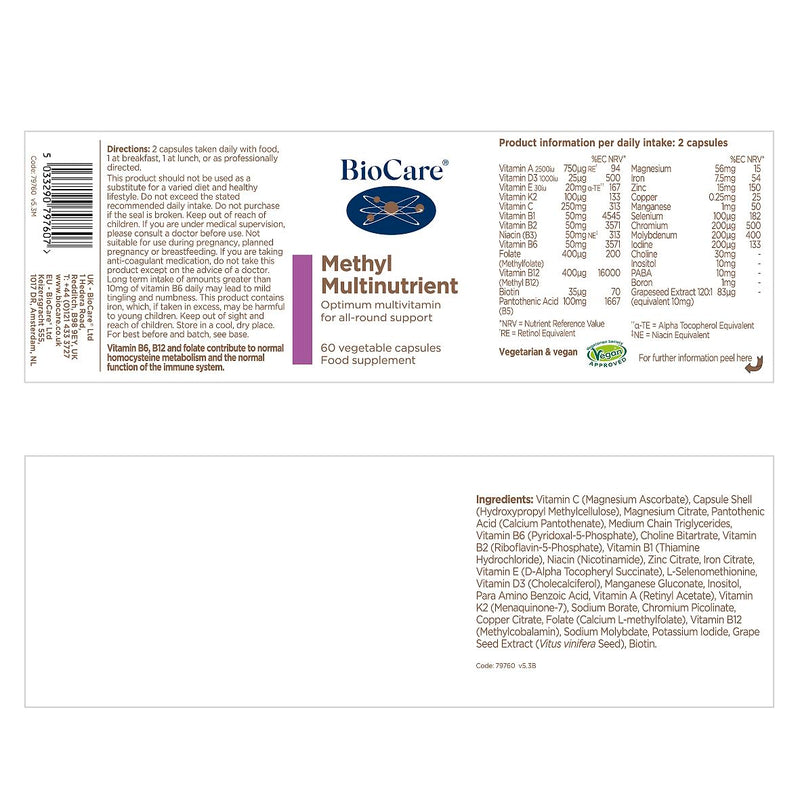 BioCare Methyl Multinutrient | Vegetable Capsules | High Potency Multinutrient | for All-Round Support, Including Methylation | Suitable for Vegetarians and Vegans | 60 Capsules 60 count (Pack of 1)