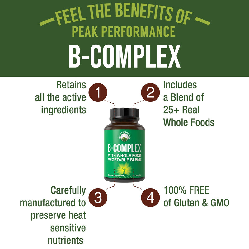 Peak Performance Vegan B-Complex Vitamin Supplements + Whole Food Blend of | 25 Vegetables & Fruits for Max Absorption. B Complex with Vitamins B1, B2, B3, B5, B6, B7, B9, B12. 90 Capsules. Energy Boost