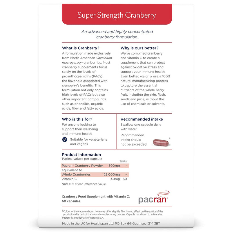 Healthspan Super Strength Cranberry (60 Capsules) | for Immune Health and Wellbeing | Equivalent to 25000 mg Whole Fresh Cranberries | Highly Concentrated Formulation | Added Vitamin C | Vegan