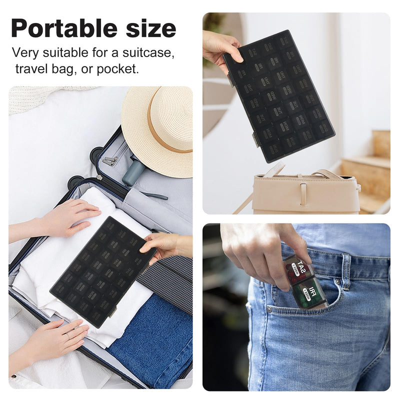 Monthly Pill Organizer, Once a Day, 4 Weeks a Month, 28 Days in a Large Pill Box, Portable for Travel, can Hold a Large Amount of Vitamins, Supplements, Fish Oil, and Medication (Black) Black