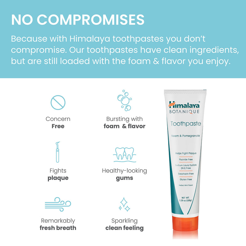 [Australia] - Himalaya Botanique Original Neem & Pomegranate Botanical Toothpaste, Fights Plaque, Brightens Teeth, Fluoride Free, No Artificial Flavors, SLS Free, Cruelty Free, Foaming, Mint Flavor, 5.29 Oz, 4 Pack 5.29 Ounce (Pack of 4) 