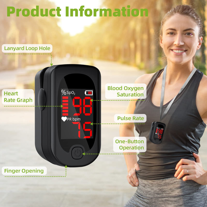 [Australia] - Pulse oximeter, oxygen saturation measuring device finger, oximeter, pulse frequency and SpO2 value with neck strap and batteries, large LED display, for household, fitness and extreme sports 
