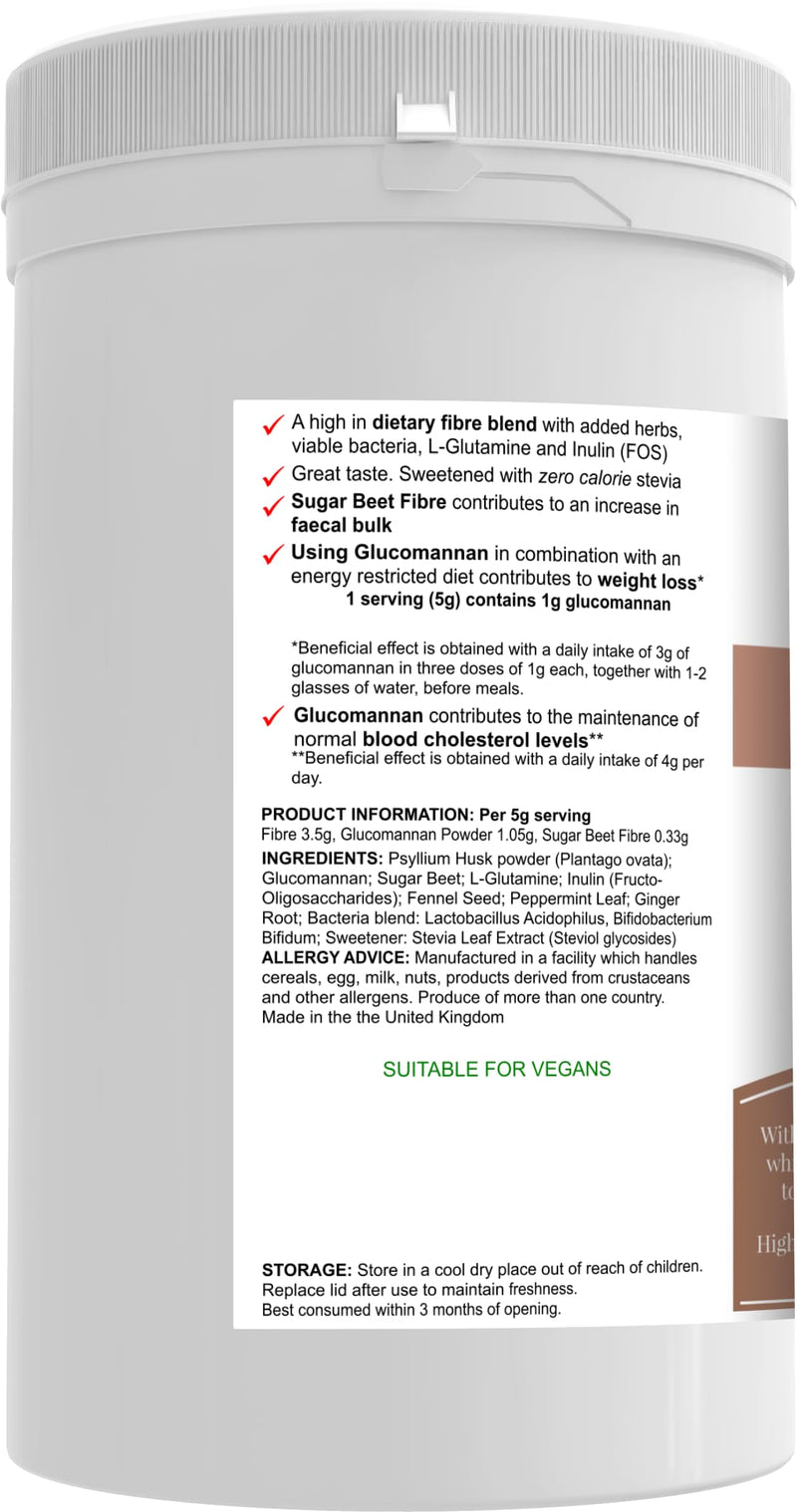 Digest Fibre Plus -Fibre Supplement Powder,Psyllium Husk - Plantago Ovata, with Glucomannan, Sugar Beet Fiber, Fennel, Ginger, Pepper Mint Leaf and Probiotics- High Strength