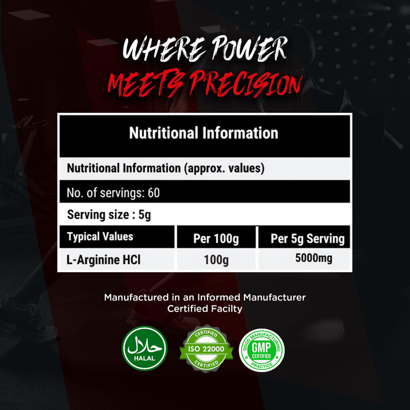 L-Arginine HCL, 300g - High Purity Powder - Supports Nitric Oxide Production & Blood Flow - Pre Workout Performance & Muscle Pumps - Circulation Support - Made in the UK