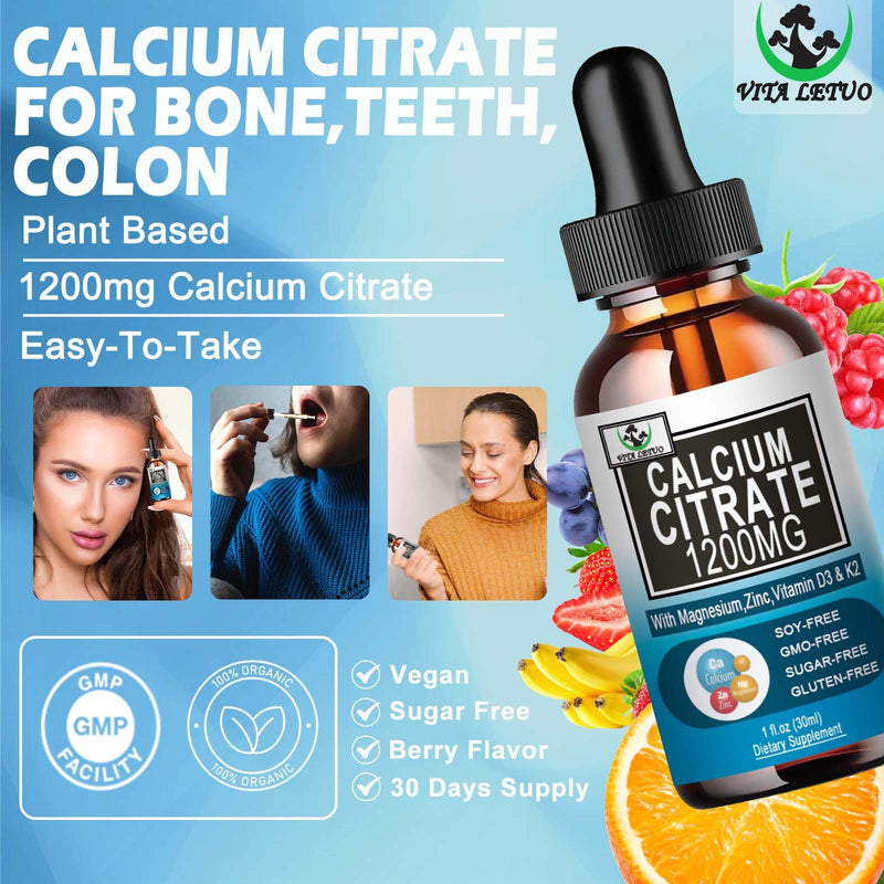 [Australia] - Calcium Citrate Supplement,1200mg Calcium with Vitamin D3 Drops for Bone,Teeth,Colon,Cardiovascular Health,High Absorption Liquid Calcium Magnesium Citrate 400mg Plus Zinc Vitamin K2,Vegan,30 Servings 