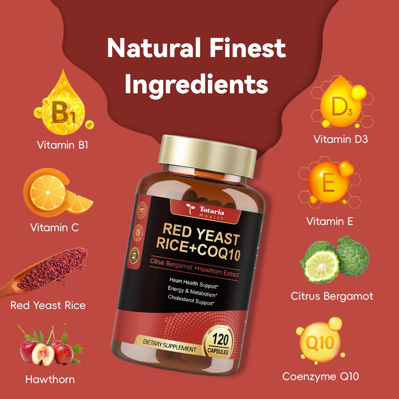 [Australia] - Red Yeast Rice 2,000mg with CoQ10 Supplement - Citrinin Free Extract Red Yeast Rice Capsules with CoQ10 100 Plus Citrus Bergamot - Cholesterol Lowering Supplements 3rd-Party Tested Vegan Non-GMO 120 Count (Pack of 1) 