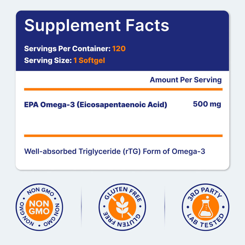 OmegaVia EPA 500 mg, Purified Omega 3 Fish Oil, Burpless (120 Softgels) | High EPA in Triglyceride Form, Mood, Brain & Joint Support, Non-GMO Gluten-Free, Easy to Swallow, IFOS 5-Star, 120-Day Supply 120 Count (Pack of 1)