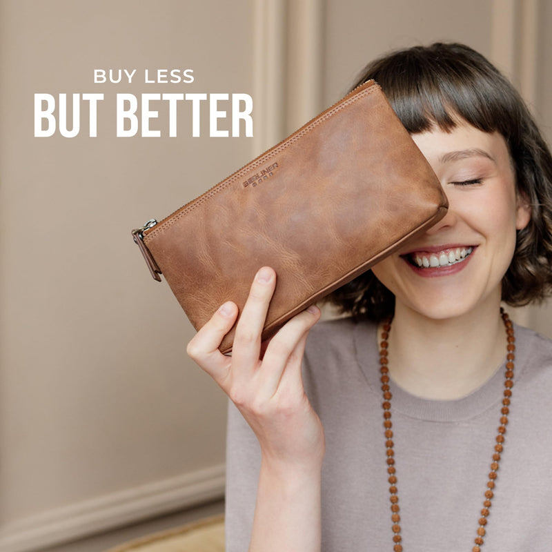 BERLINER BAGS Vintage Genuine Leather Makeup Bag For Women Anna S- Brown | Soft Leather Makeup Bag For Purse, Travel Cosmetics Pouch, YKK Metal Zipper, Slip-in Pocket Camel