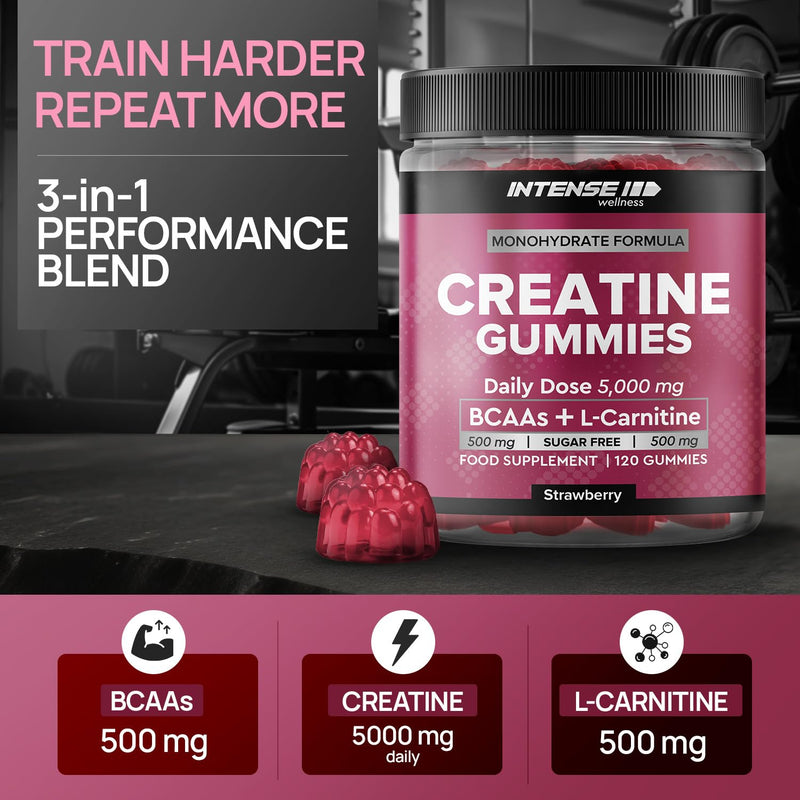 Creatine Monohydrate Gummies 5000mg - Sugar Free Vegan Pre Workout Chews - BCAAs 500mg, L-Carnitine 500mg - Gym Supplement for Men and Women, Strawberry, 120 Count 120 count (Pack of 1)