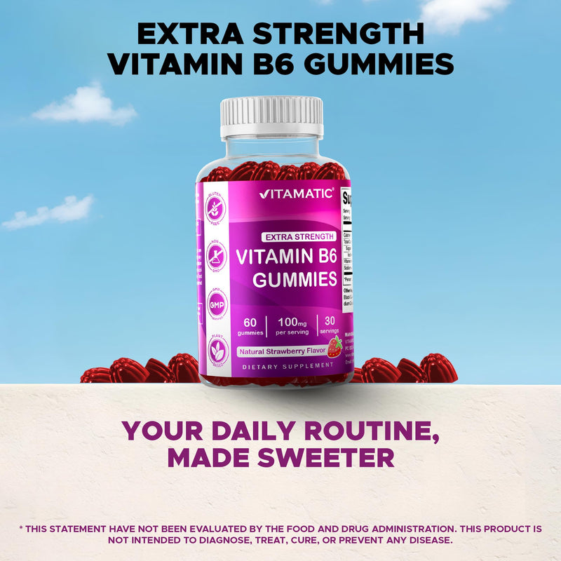 Vitamatic 2 Packs Vitamin B6 100mg Gummies – Natural Strawberry Flavor – 60 Pectin-Based Gummies per Bottle – Nervous System & Energy Support 120 Count (Pack of 1)