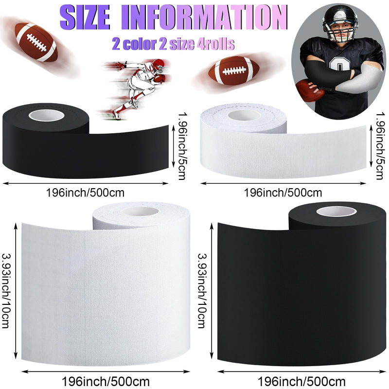 [Australia] - 4 Rolls Football Turf Tape Athletic Sports Tape Youth Wide Waterproof Black White Athletic Tapes for Arms Football Sport Athlete Gym Ankles Wrist, 2 Sizes 