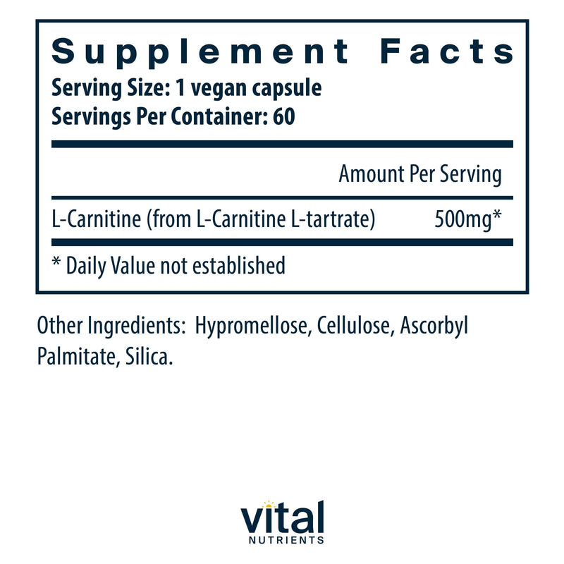 [Australia] - Vital Nutrients - Carnitine - Cardiovascular and Fat Metabolism Support - L-Carnitine Supplement - Heart Health Support - Supports Fatty Acid Transport - 60 Vegetarian Capsules per Bottle - 500 mg 