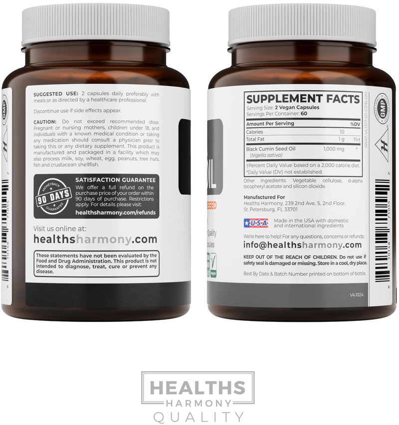 Black Seed Oil - 120 Softgel Capsules Skin Health (Non-GMO & Vegan) Cold-Pressed Nigella Sativa Producing Pure Black Cumin Seed Oil with Vitamin E - 500mg Each, 1000mg Per 2 Capsule Serving 120 Count (Pack of 1)